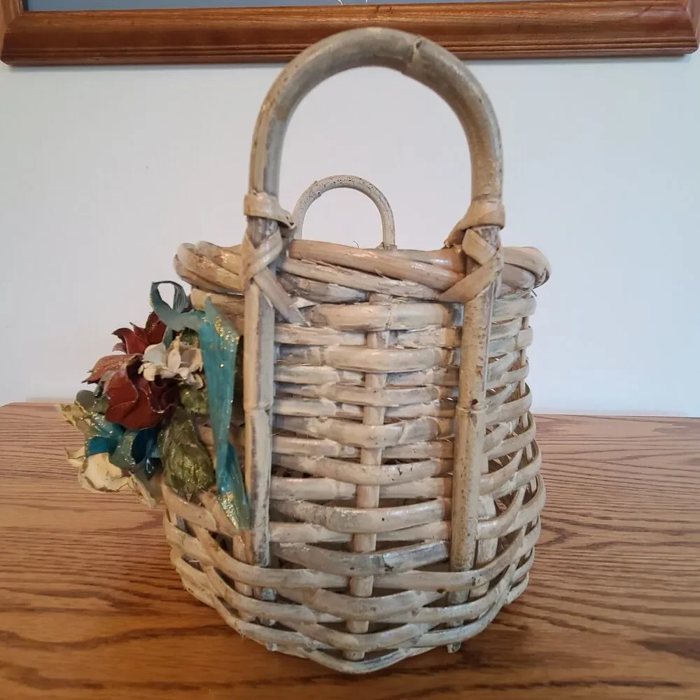 Vintage Whitewashed Wicker Basket With Molded Flowers Ribbon Details Shabby Chic